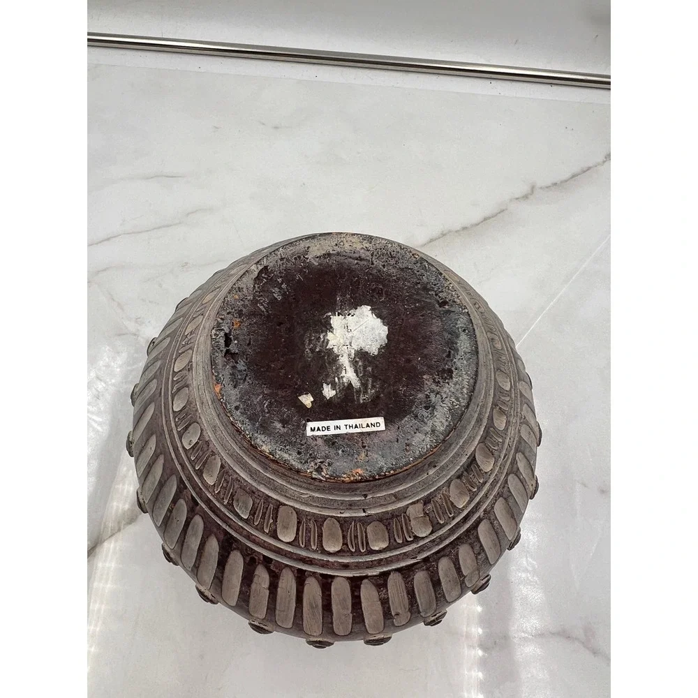 Vintage Thai Hand Carved Pottery Vessel Charcoal Gray Textured Decorative Pot